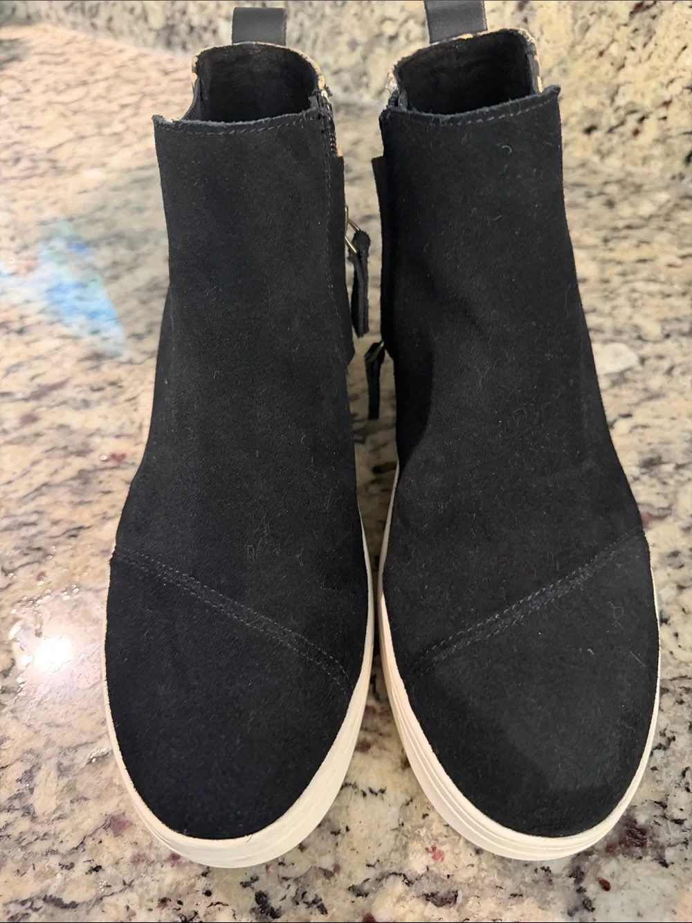Toms Jamie Black Suede Ankle Booties with Leopard Heel Accent